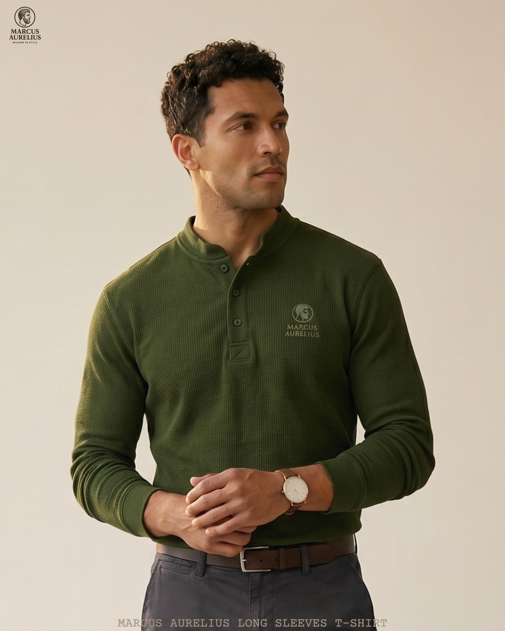 ARMY GREEN WAFFLE LONG SLEEVES T-SHIRT | MARCUS AURELIUS